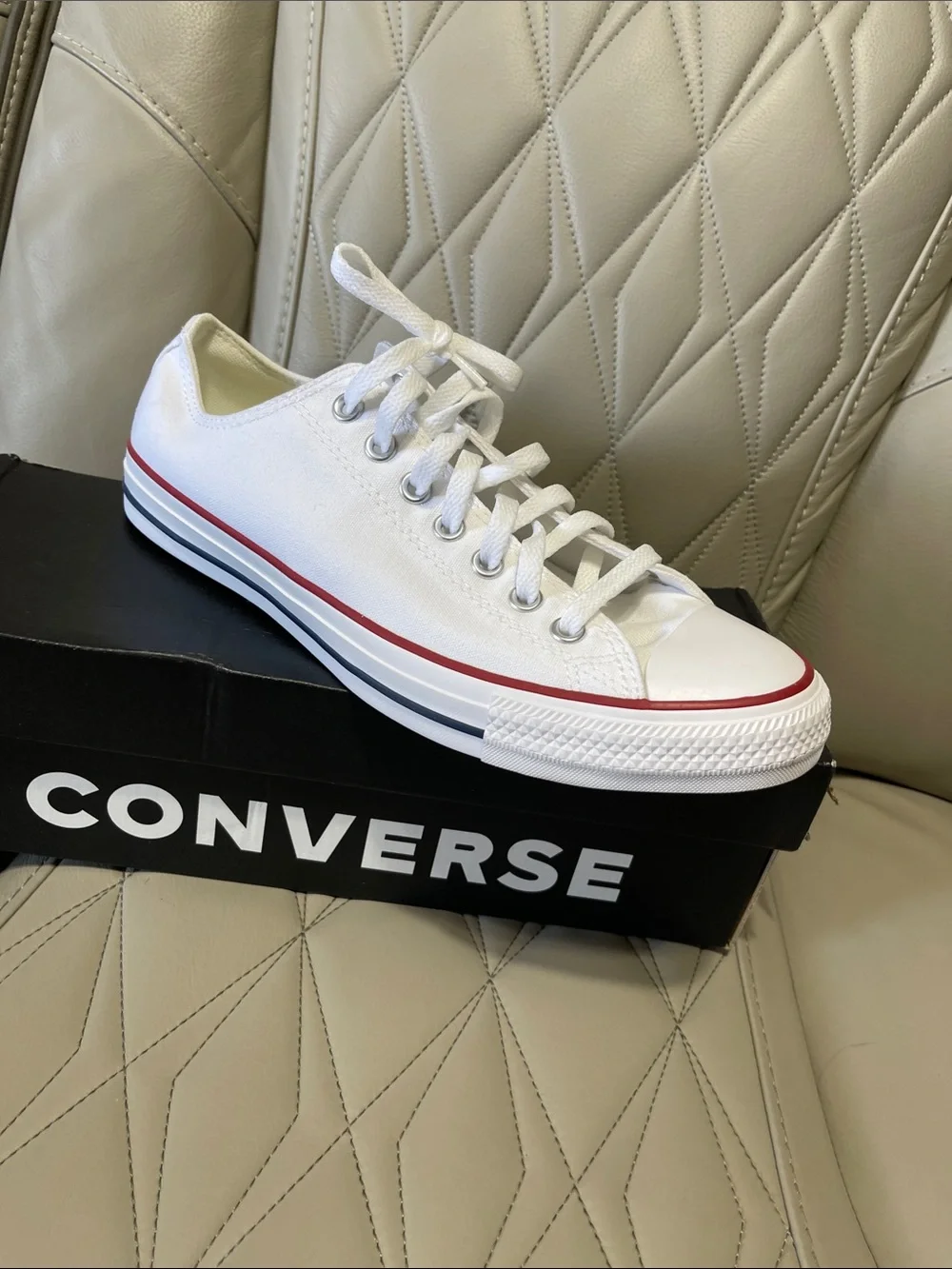 Converse White Low Top Sneakers with Red & Navy Stripes - Picture 9 of 10